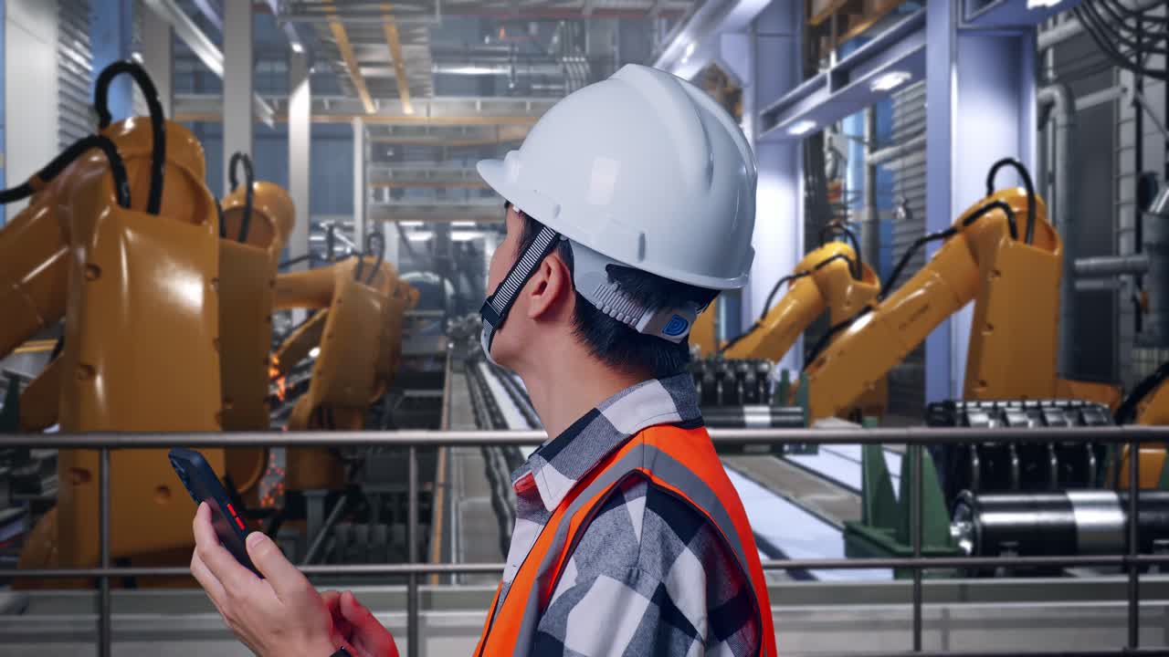 Close Up Side View Of Asian Male Engineer With Safety Helmet Using Smartphone And Looking Around While Standing With Industrial Robotic Arms Working