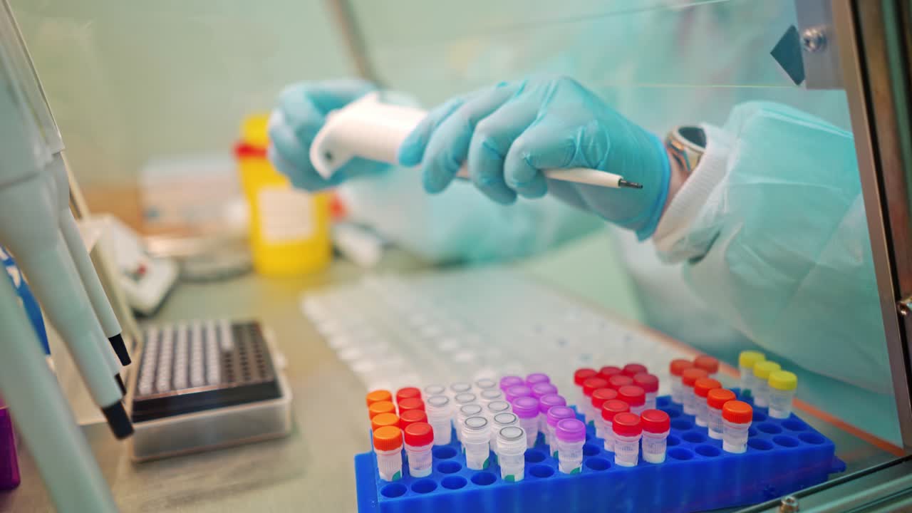 Vacuum tubes for collecting blood samples in the lab. Technician holding blood tube test in the research laboratory