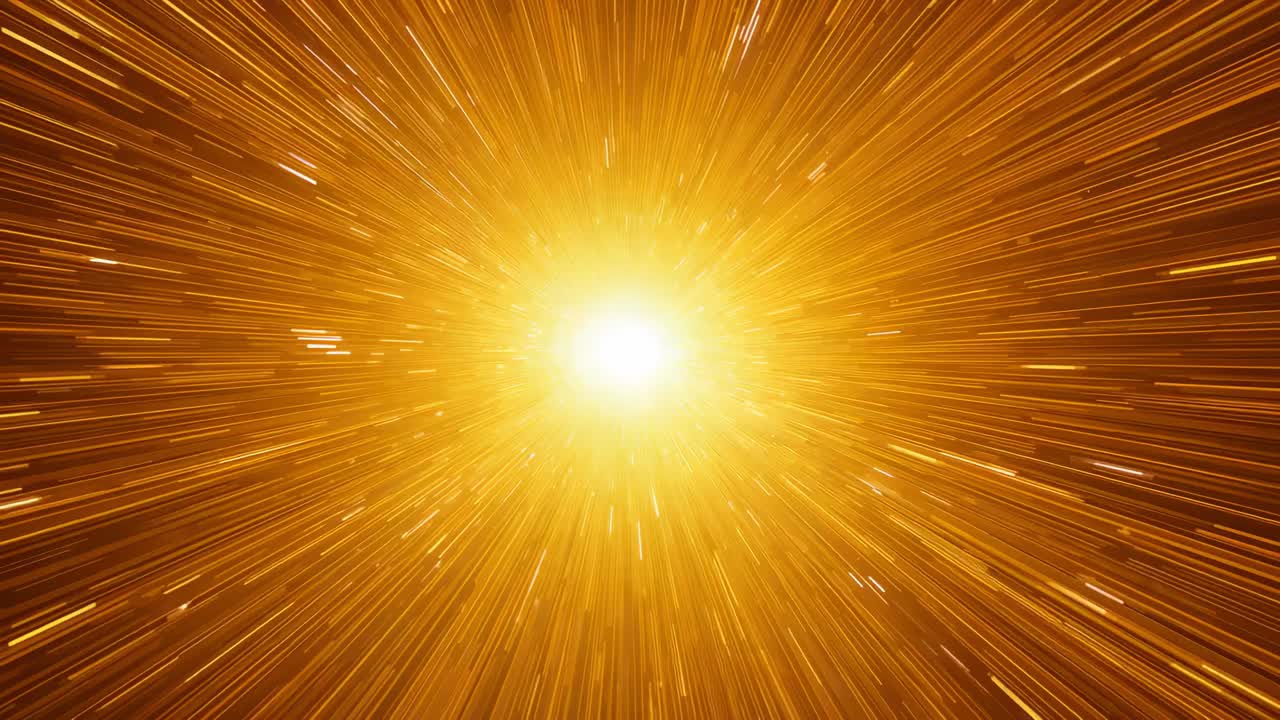 Radiating bright core emitting elongating golden streaks, particles and lens flare in dark void