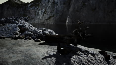 Black-sand-beach-hidden-between-blurred-volcanic-rocks