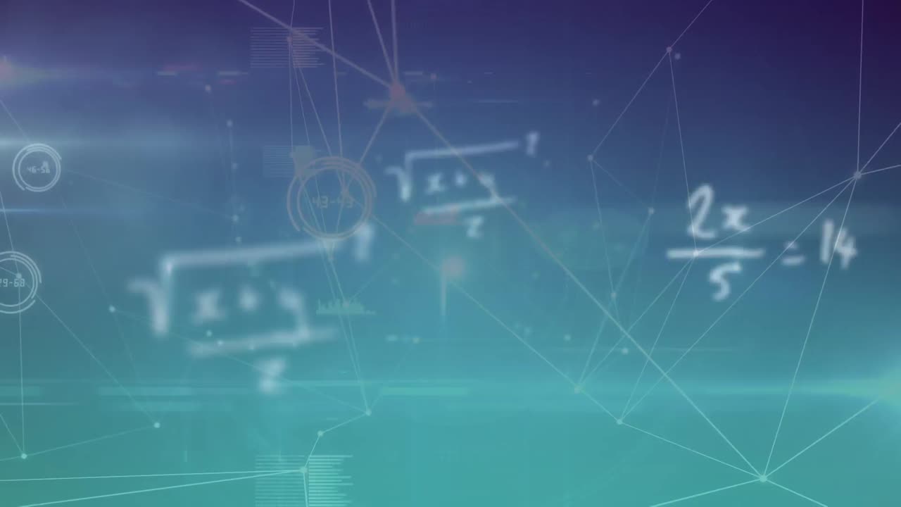 animación de la red de conexiones y fórmulas matemáticas sobre fondo azul