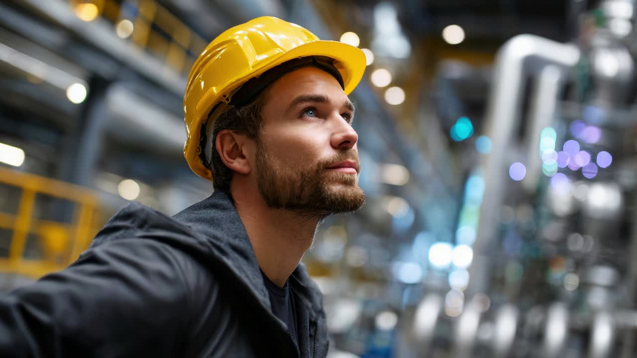 Un lavoratore concentrato in un ambiente industriale, che indossa un casco di sicurezza, contempla le sue mansioni con sguardo determinato tra i macchinari high-tech, illustrando l'importanza della sicurezza e della diligenza sul posto di lavoro