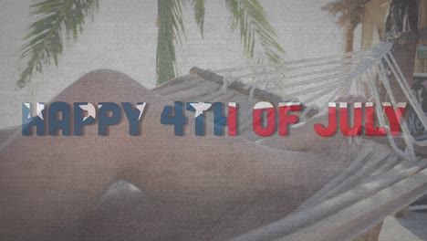 Animation-of-happy-4th-of-july-text-with-american-flag-pattern-waving-over-woman-in-hammock-on-beach