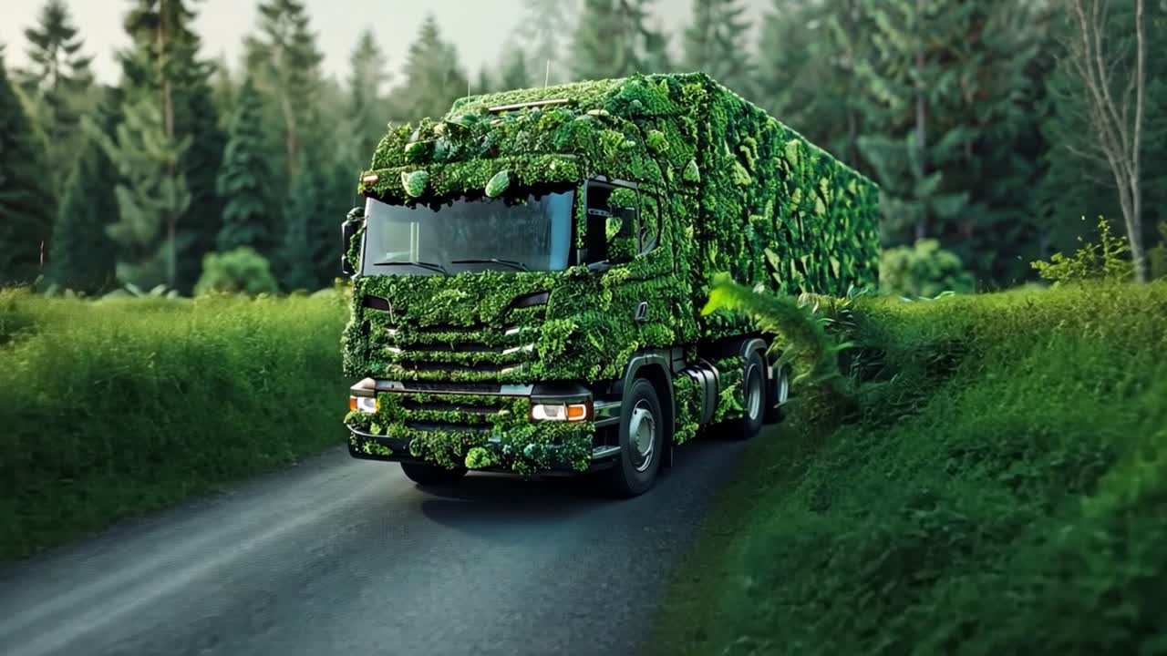 Eco-Friendly Truck Covered in Green Foliage on a Forest Road