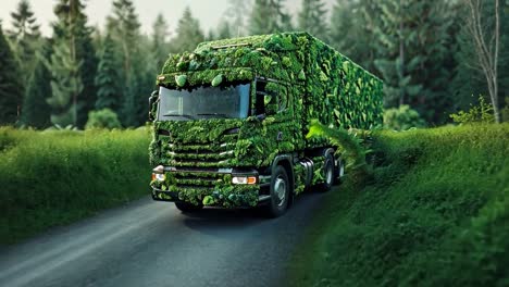 eco-friendly truck covered in green foliage on a forest road