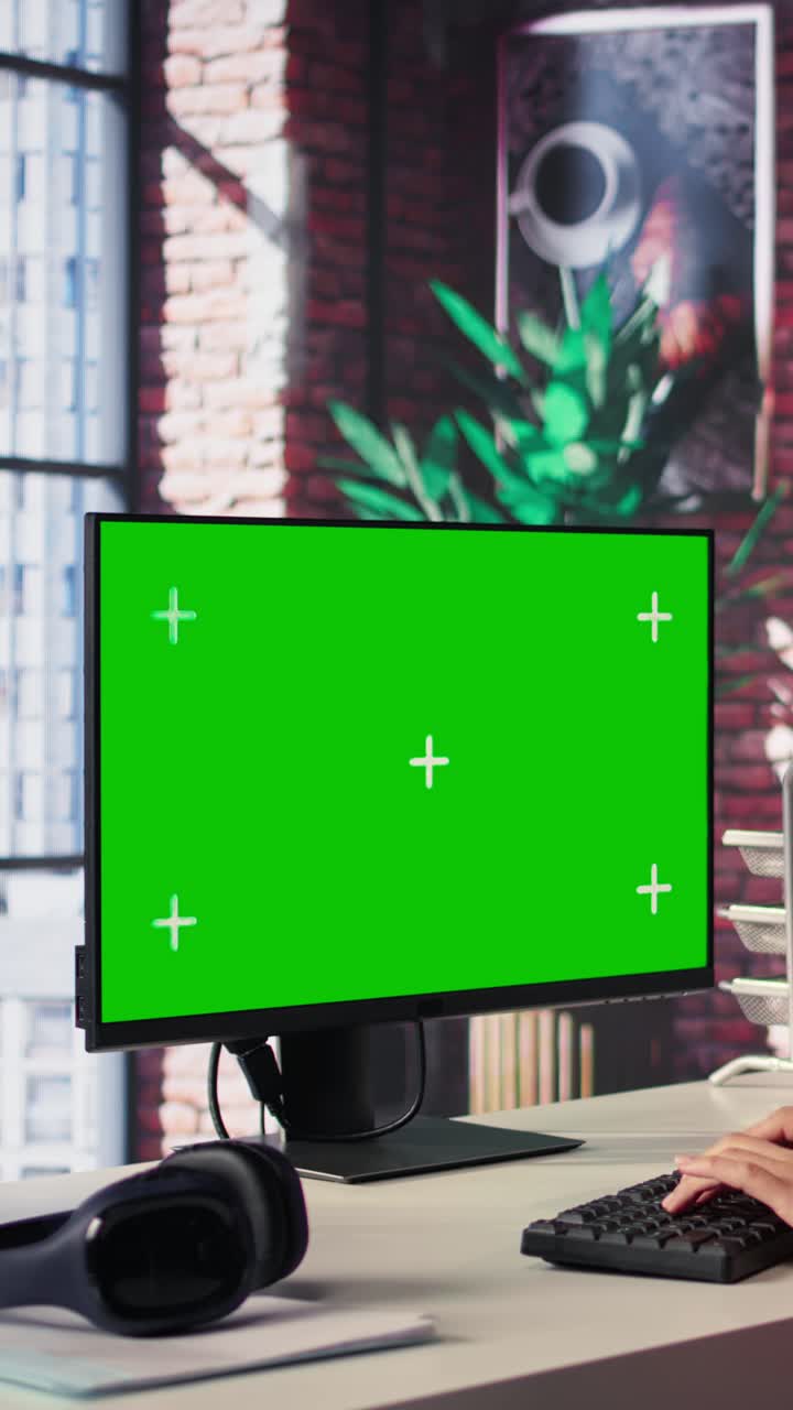 Vertical Video Confident woman solves freelancing tasks at copy space desktop