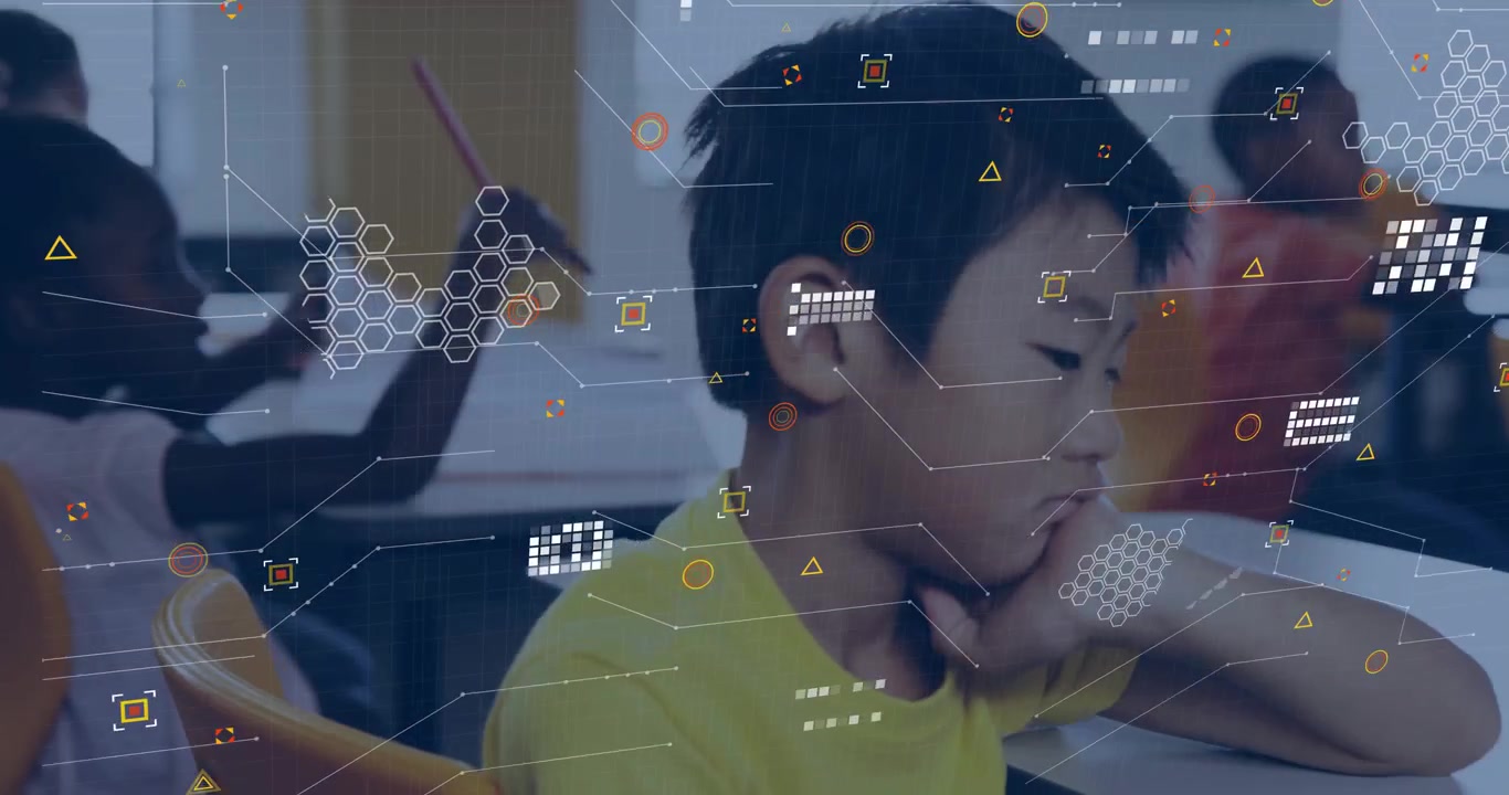 Classmates sitting at desks for education interacting with translucent hexagon-grid overlays