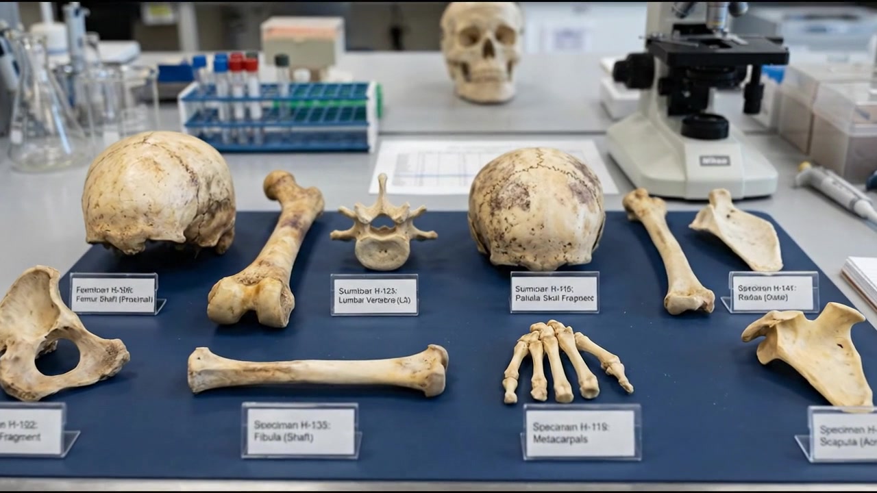 Human Skeletal Remains and Bones Displayed in Laboratory