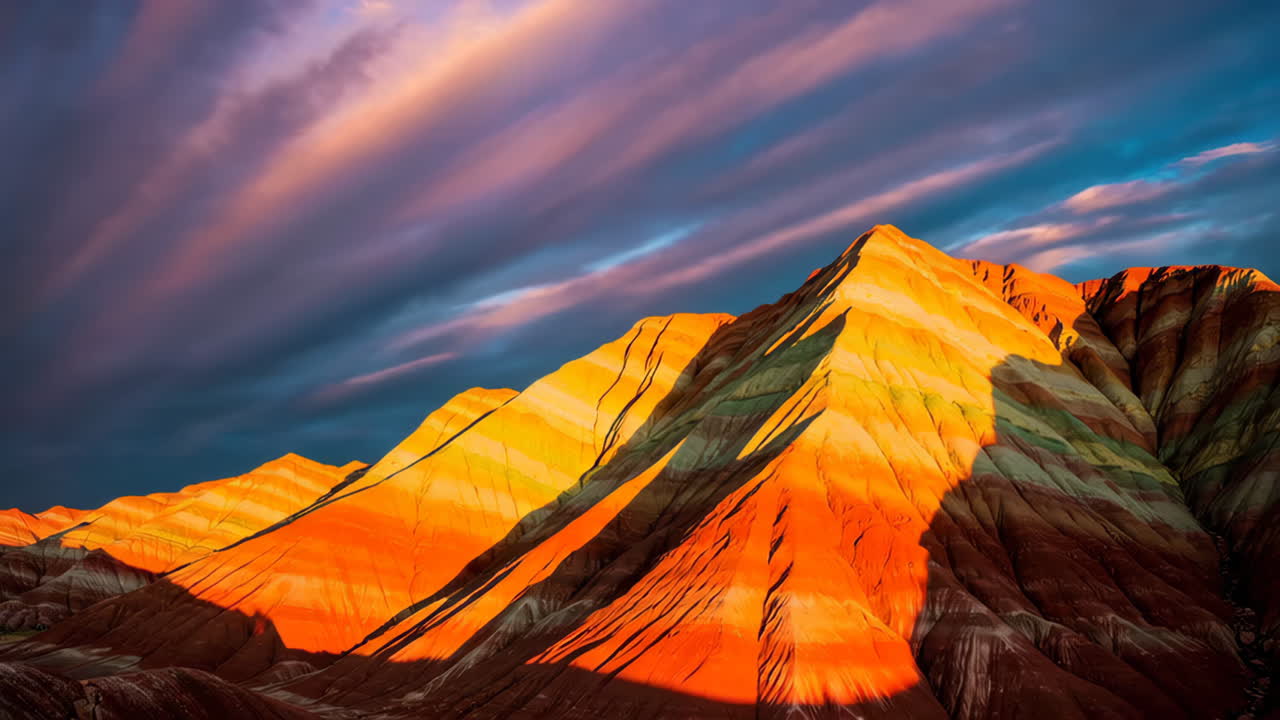 Vibrant Rainbow Mountains Under a Dramatic Sunset Sky
