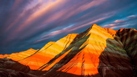 vibrant rainbow mountains under a dramatic sunset sky