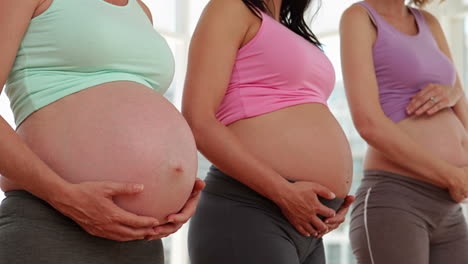 pregnant women standing in fitness studio holding their bumps