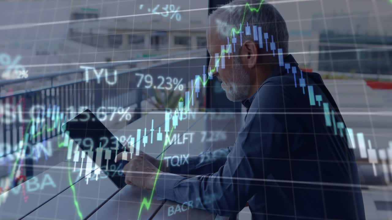 Mature investor tapping tablet swiping stock chart fading peaking then dropping for trend tracking