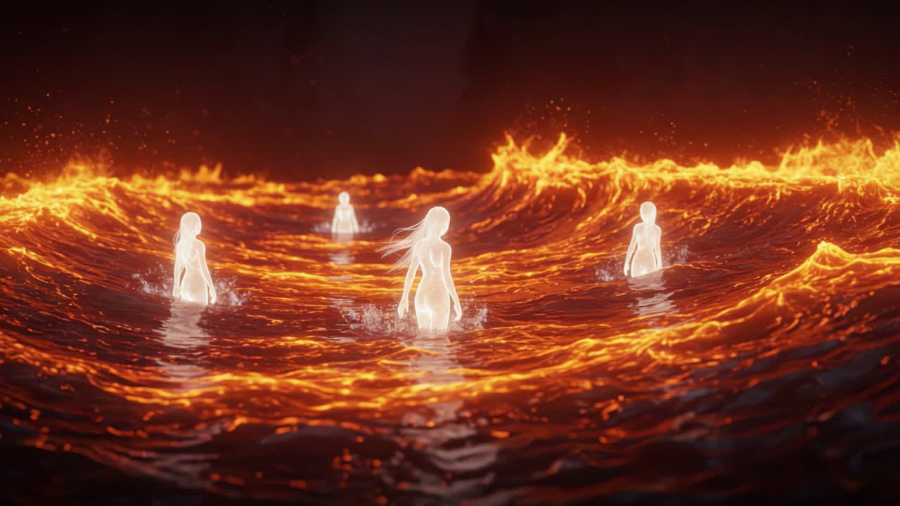 Ethereal Figures Amidst Fiery Waves: A Mystical Dance of Light and Heat in an Otherworldly Landscape Where Shadows and Flames Converge in a Haunting Atmosphere