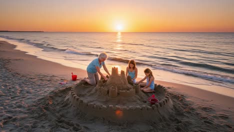 a heartwarming family moment: building a sandcastle together on the beach at sunset, capturing the joy of creativity and connection in a picturesque setting