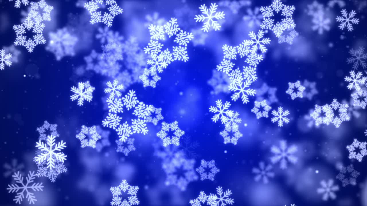 4k copos de nieve de confeti y luces bokeh en el fondo azul.