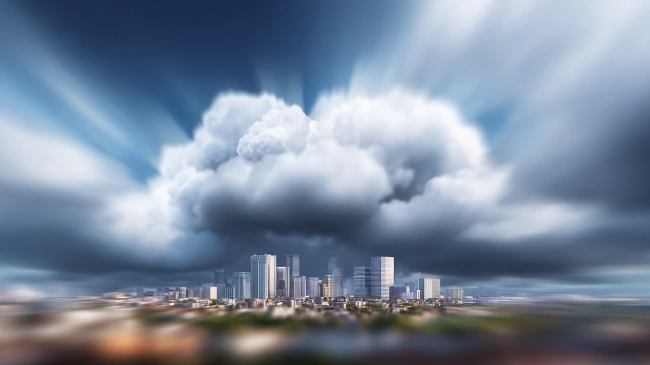 Dramatische stedelijke skyline onder een uitgestrekt wolkendek, vastgelegd in twee frames: de veranderende lichtinval en atmosfeer weerspiegelen de kracht van de natuur over het stadsleven