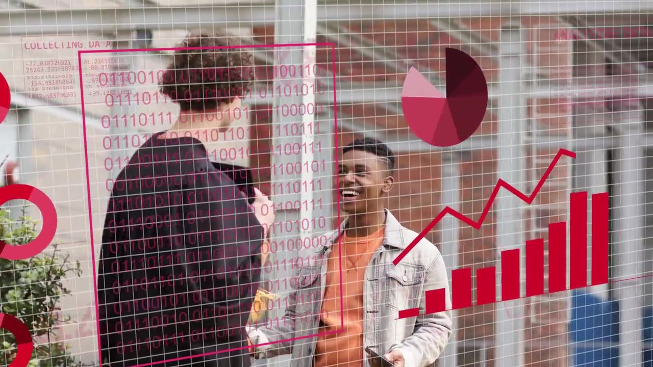 Taller man offering folio and yellow tag for review to man with smartphone tech charts overlaying