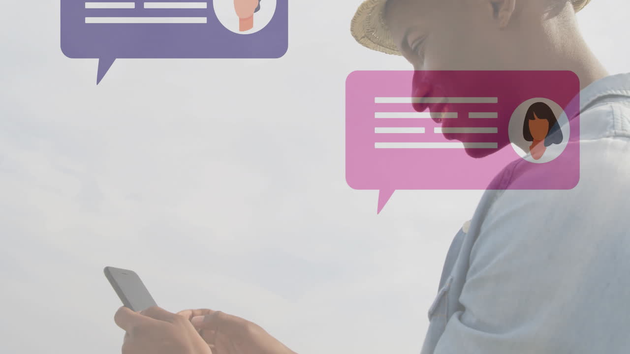 Using smartphone, child in animation with colorful chat bubbles in school