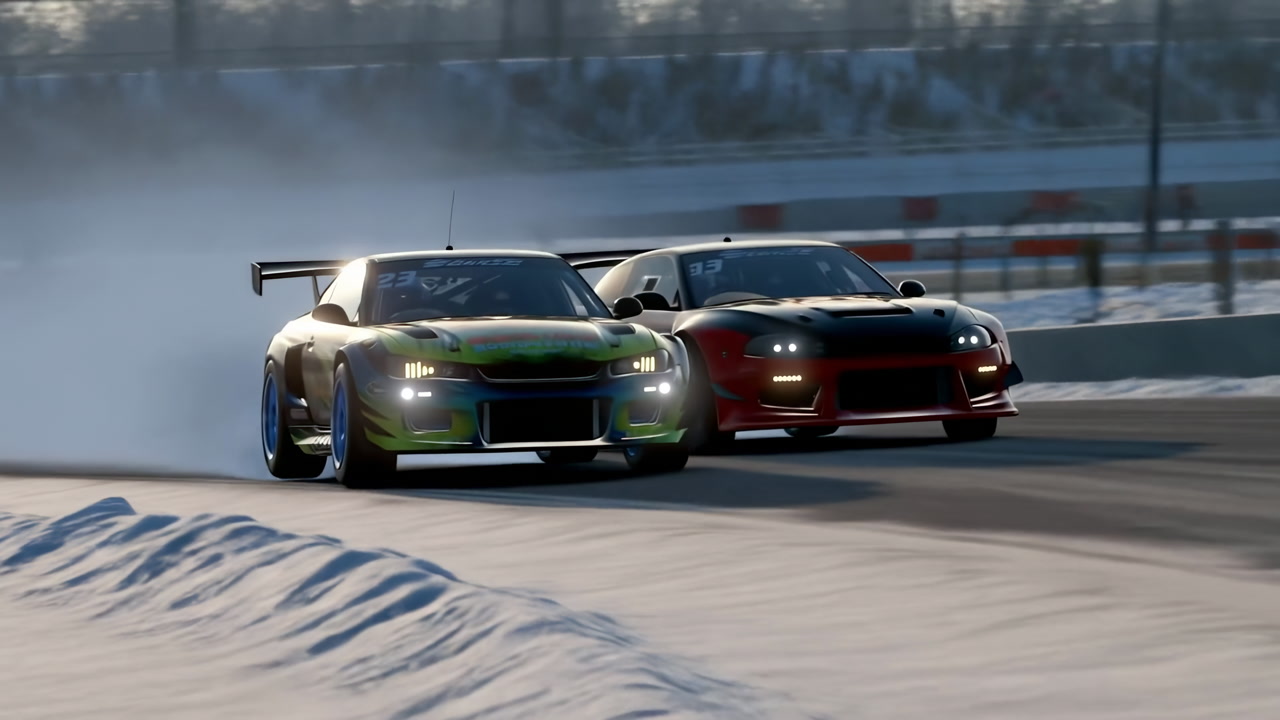 Two Sports Cars Drifting On Snow, Close Duel Through Icy Corner, Lead Car Defends Inside Line While Rival
