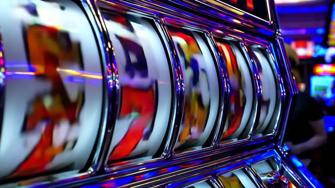 Slot machine reels spinning and showing lucky sevens in a Las Vegas Casino, creating a vibrant and exciting atmosphere of gambling and entertainment