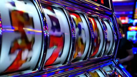 slot machine reels spinning and showing lucky sevens in a las vegas casino, creating a vibrant and exciting atmosphere of gambling and entertainment