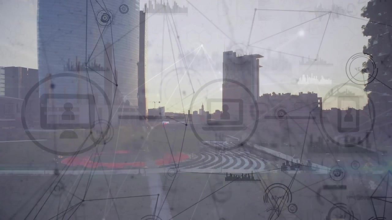 Animación de conexiones con iconos y procesamiento de datos sobre un paisaje urbano