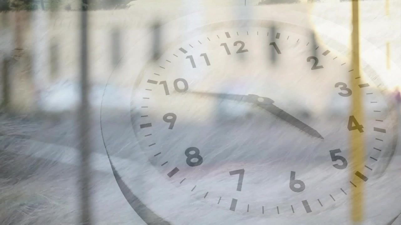 On play, clock staying centered, hands rotating clockwise while street overlay showing time passing