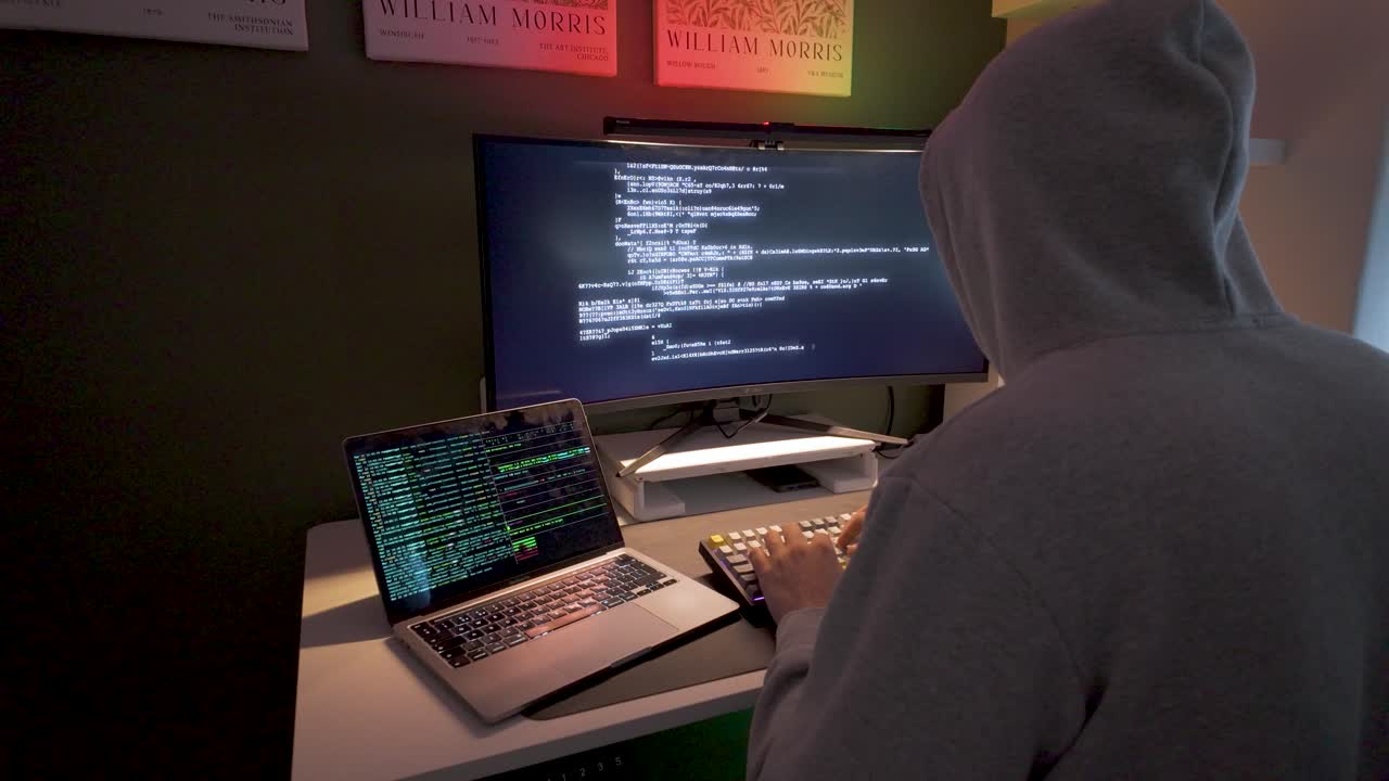 Hooded hacker typing on laptop and monitor with code in dark room with green light