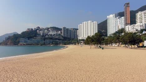 Empty-public-beach-in-Hong-Kong-due-to-Covid19-lockdown-guidelines,-Aerial-view