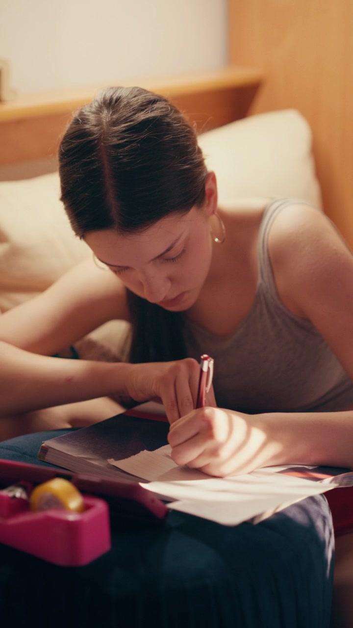 Primo piano di una studentessa di scuola superiore concentrata che crea appunti segreti e bigliettini dal suo smartphone per copiare a un futuro esame. Formato verticale 9:16 per smartphone per storie sui social media