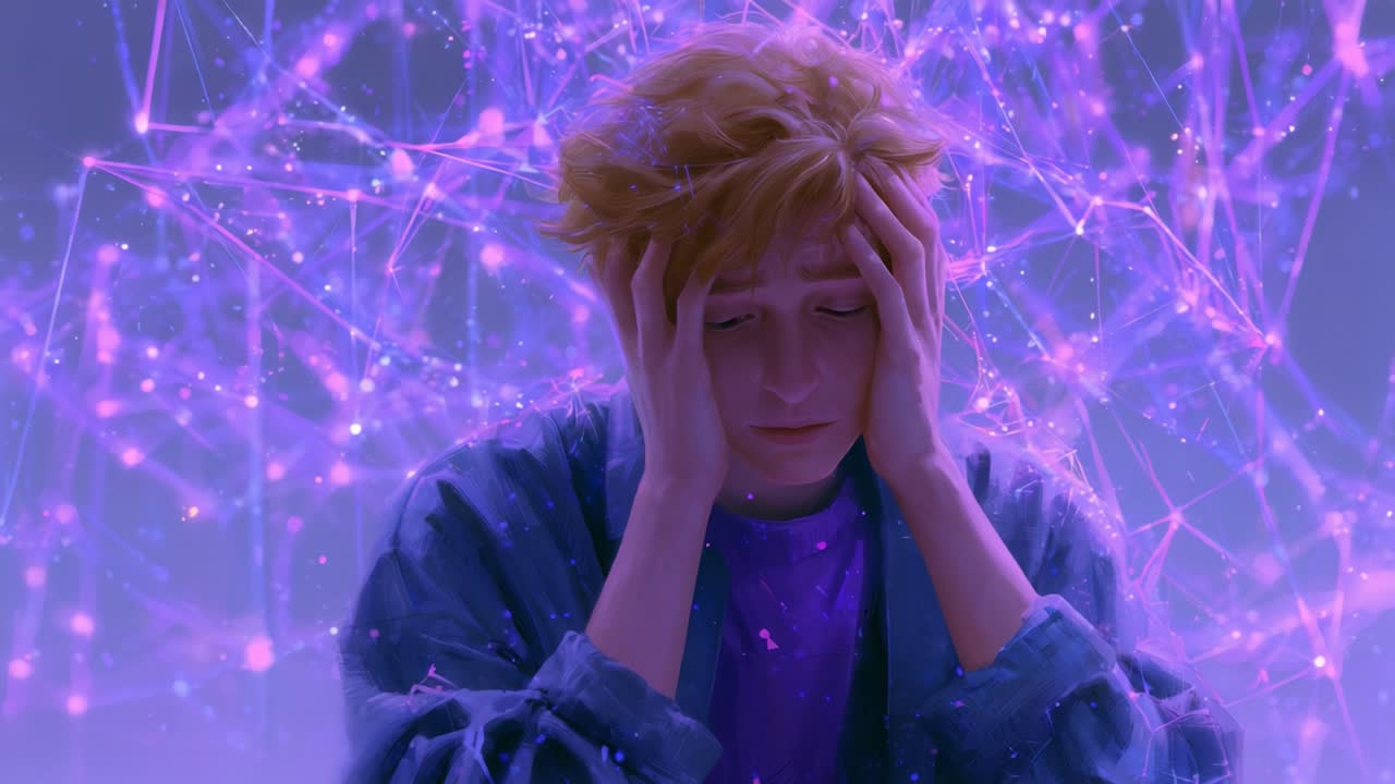 Un'esplorazione digitale delle emozioni, che mostra una giovane figura in difficoltà in mezzo a una rete vibrante e interconnessa di energia viola, riflettendo le complessità dello stato mentale e della connessione