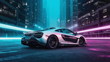 futuristic sports car in neon-lit city at night