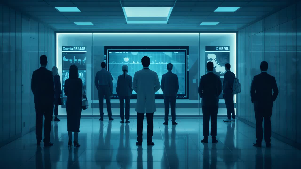 Watching doctor in lab coat guiding group toward brightening display in gallery to view charts