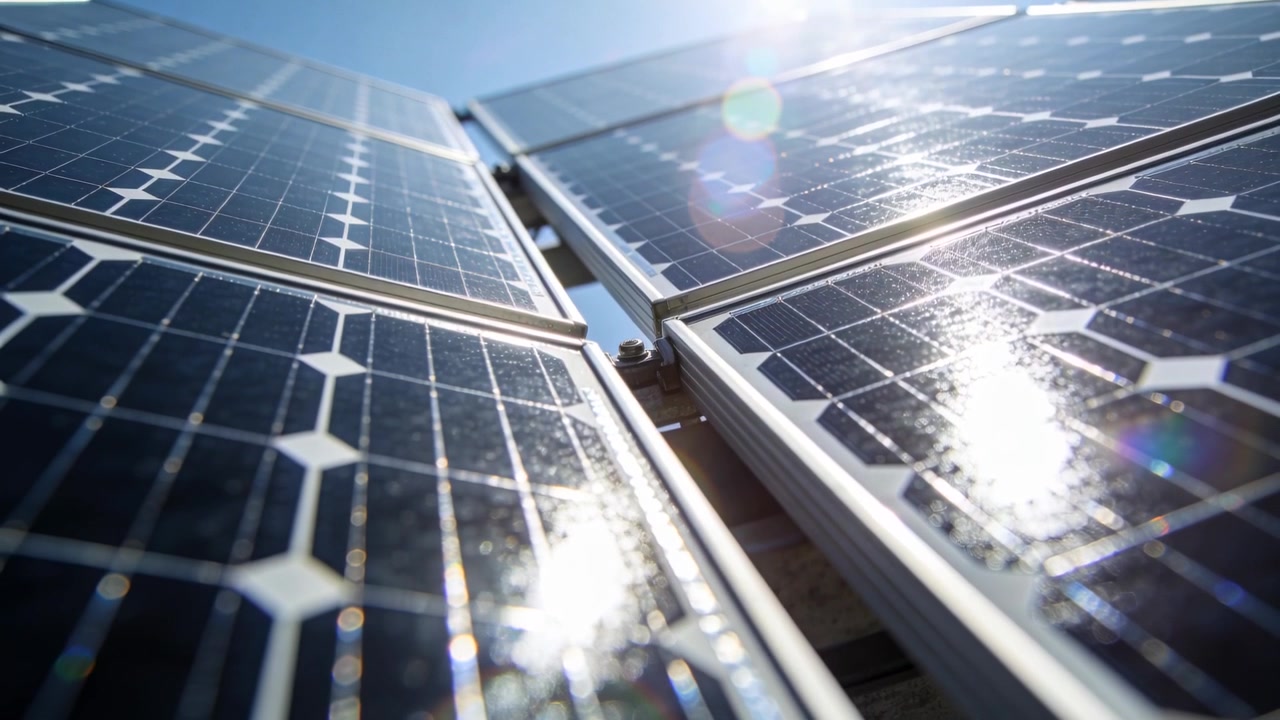 Luz solar se deslocando, câmera inclinando e capturando painéis solares em trilhos de metal com grampos e reflexo de lente.