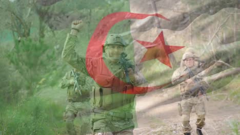 animation of flag of algeria over diverse soldiers