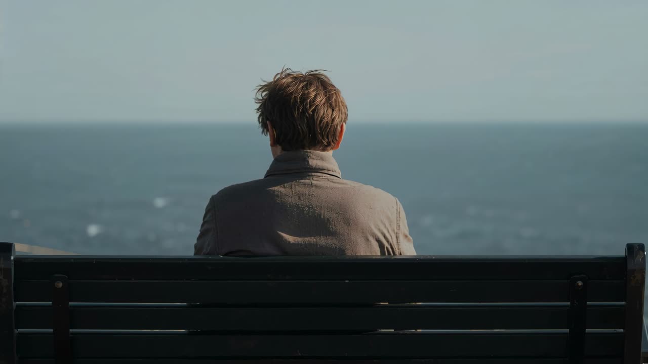 Responding to gusts, man in light jacket adjusting posture on wooden bench, watching ocean