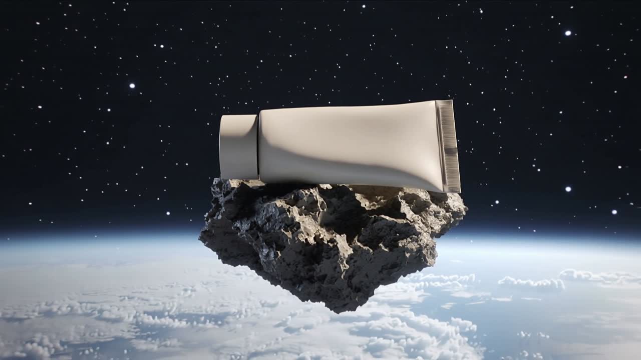 Un tubo di metallo che fluttua e poggia su una roccia grezza sopra un pianeta, mostrando riflessi con un bagliore solare che sorge.