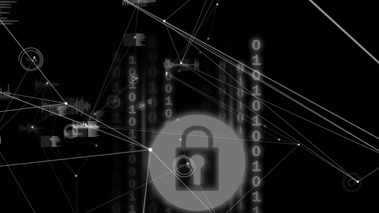 Digital animation of network of connections over security padlock icon on black background