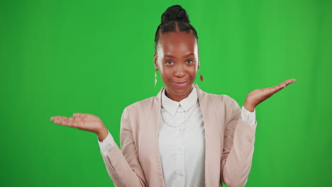 Choose,-face-and-woman-in-a-studio-with-green