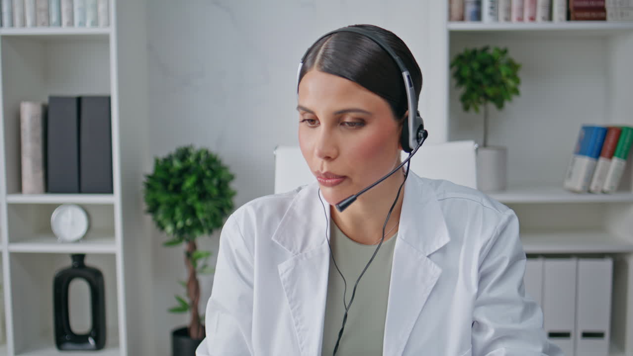 Professional doctor providing telehealth support in headset at clinic closeup