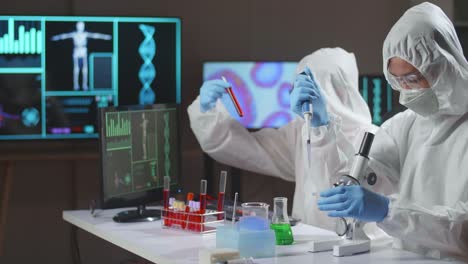asian team of scientists is working on a vaccine in a modern scientific research laboratory. genetic engineer workplace