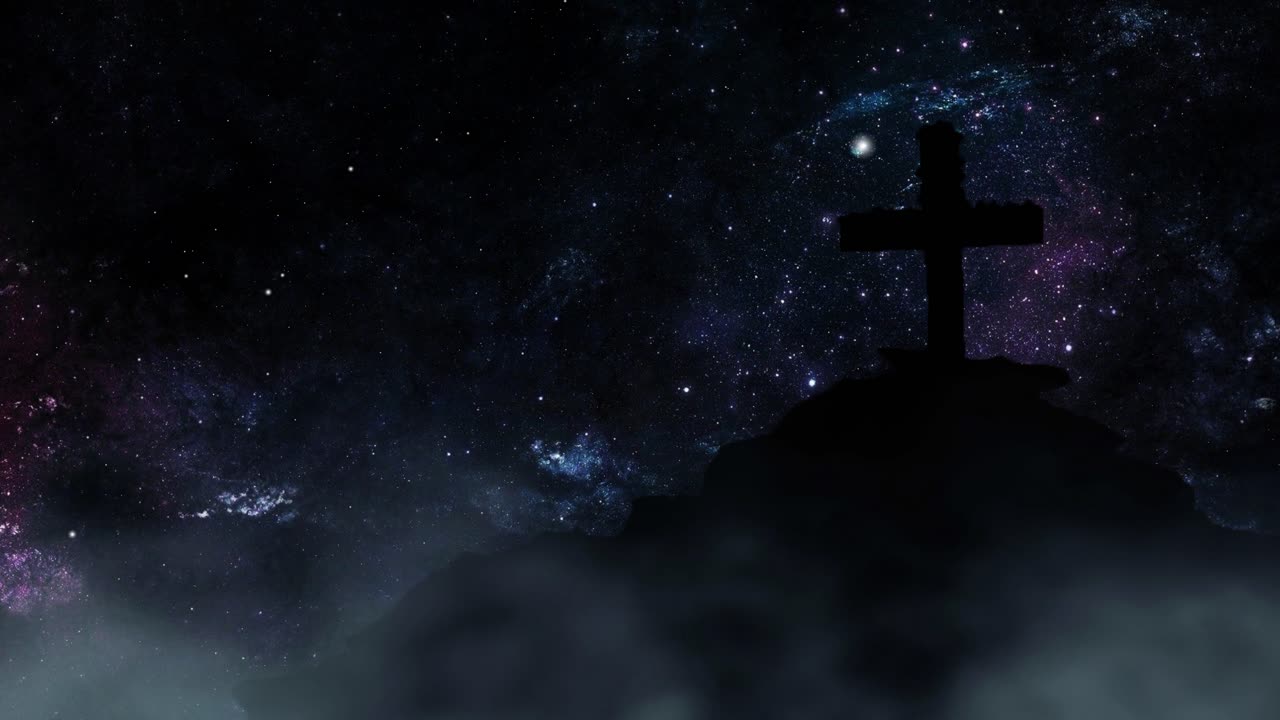 하늘 에 밝은 별 들 과 언덕 에 그려진 십자가