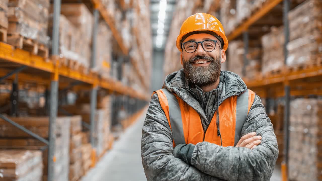 Magazziniere sorridente e sicuro di sé in un ambiente industriale, che indossa dispositivi di sicurezza e mostra un atteggiamento positivo tra inventario impilato e scaffalature