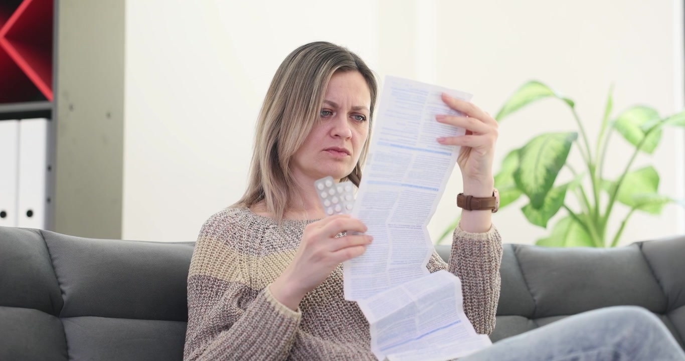 Donna malata legge attentamente le istruzioni per le compresse.