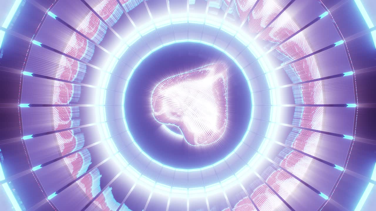 파란색과 보라색 열기 원으로 회전하는 빨간색 하트, 3d 그래픽 애니메이션 렌더링