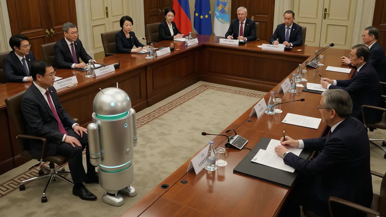 A Conference on Technological Integration: A Humanoid Robot Participates in a Formal Meeting with Dignitaries and Representatives in a Prestigious Setting