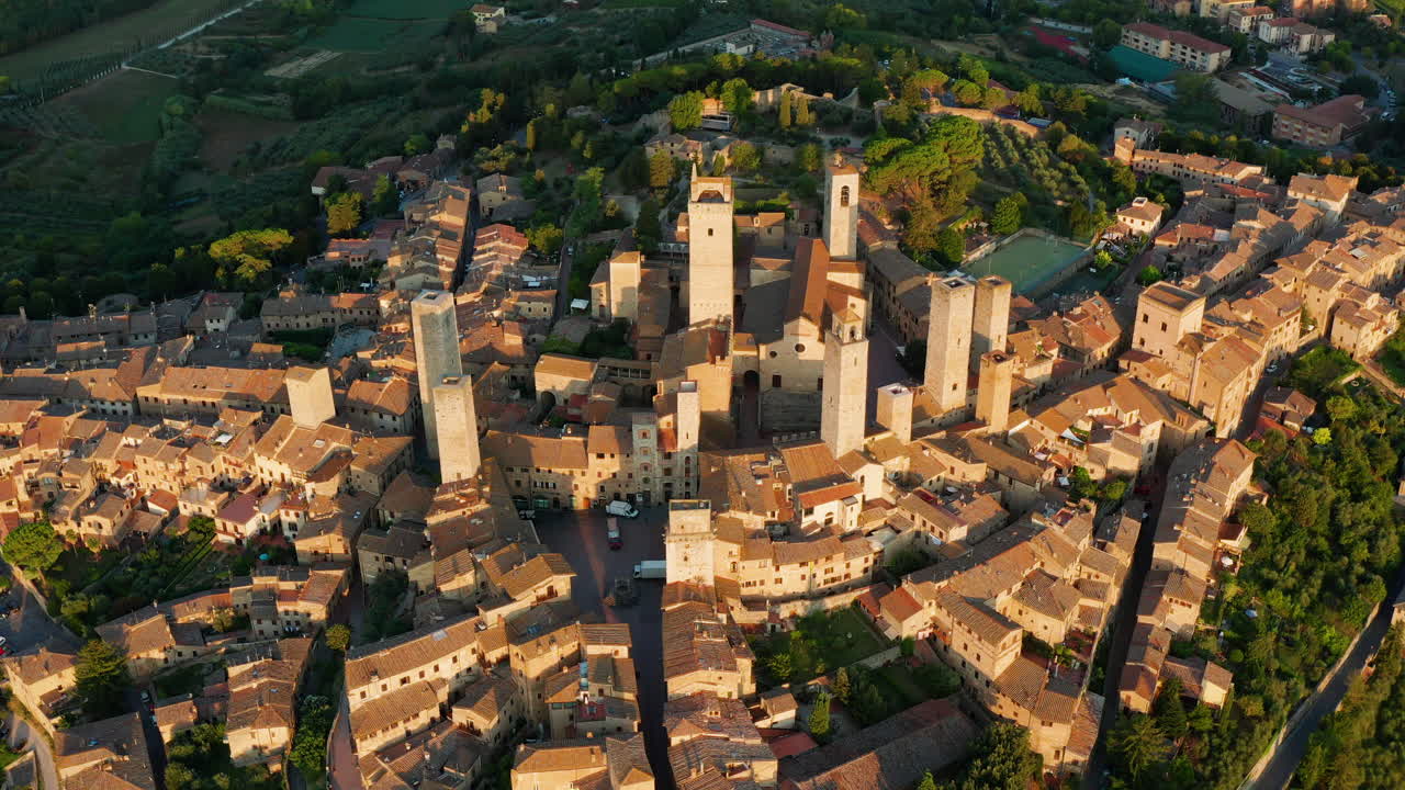 Birds-eye view of San Gimignano, Tuscany Italy. High Aerial of the medieval town and its famous towers