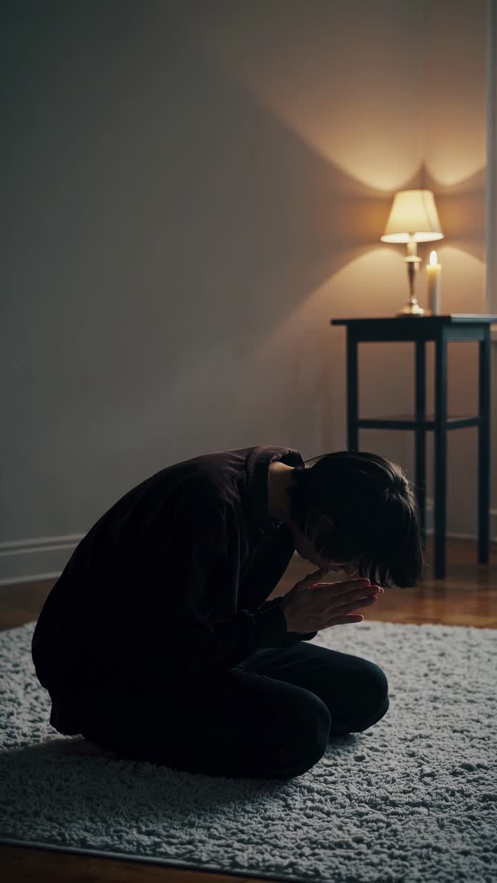 Um quarto com pouca luz e uma pessoa ajoelhada em um tapete, com as mãos cobrindo o rosto