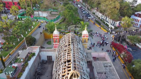 Drone-video-of-an-old-delapidated-church-in-Lima,-Peru-that-is-almost-fallen-down