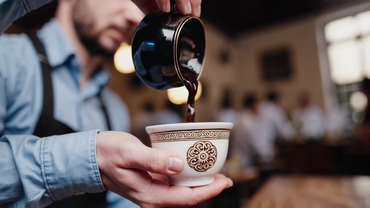 Vintage European Cafe with Customers and Coffee Pouring